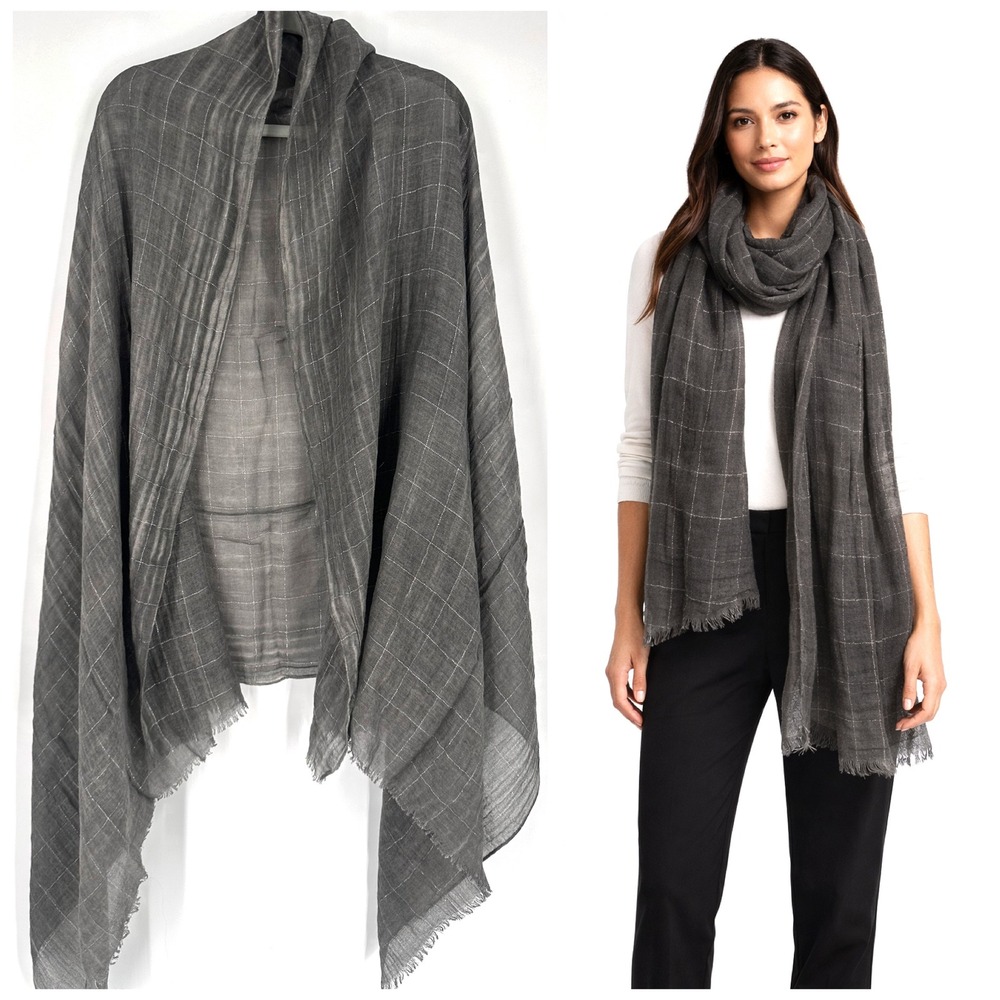 John Lewis‎ Plaid Blanket Scarf Gray Cotton Wool Blend Metallic Fiber Fringe